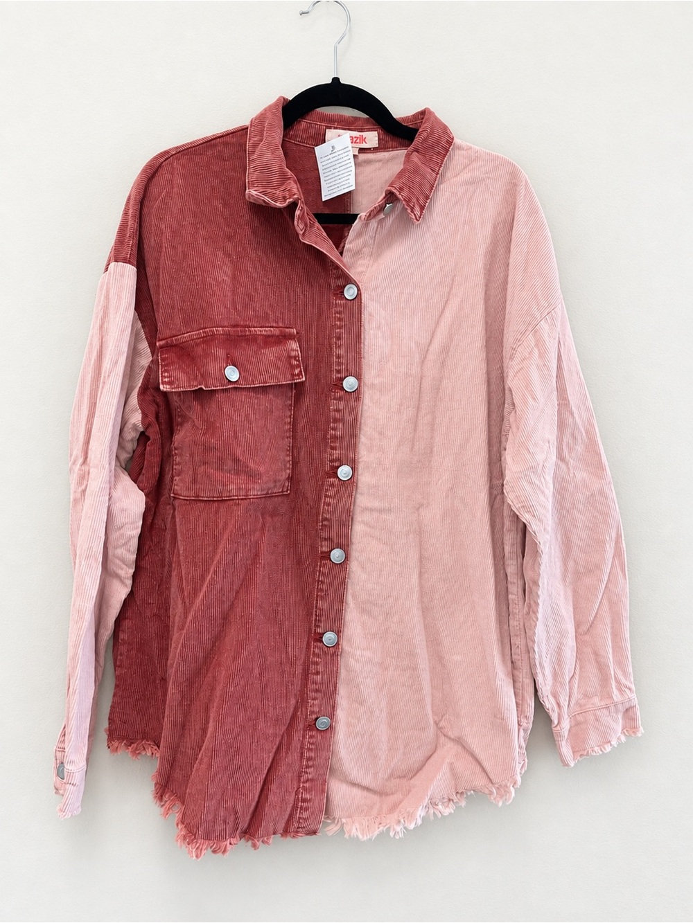 Mazik Two-Tone Corduroy Button-Down Shirt Jacket in Rose and Light Pink